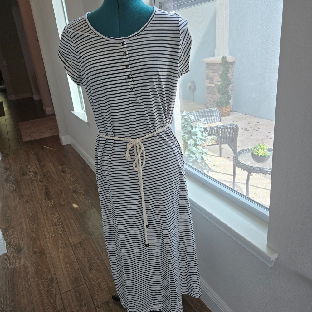 Faded Glory Midi Dress Womens L 12-14 Multicolor Striped Rope Belt Short Sleeve